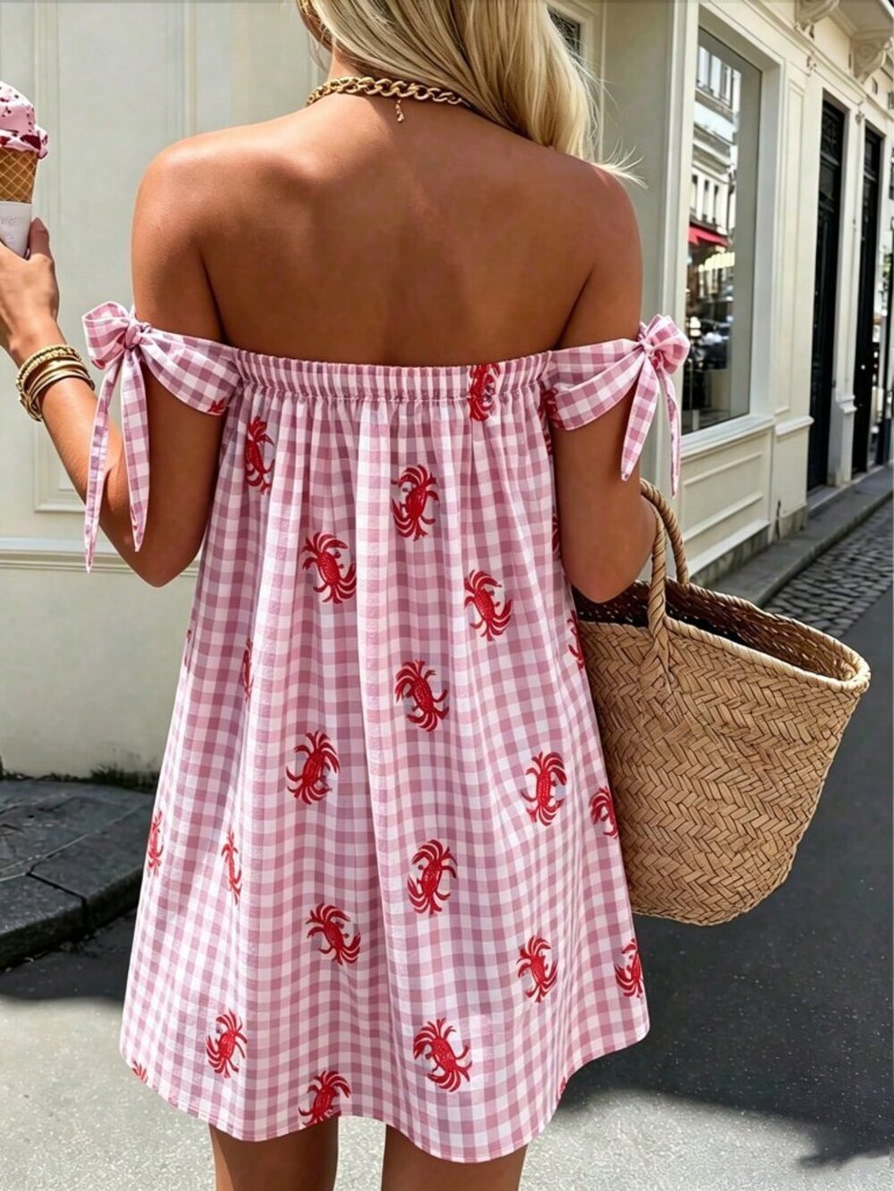 Pink Chic Women's Strapless Plaid Crab Embroidery A-Line Mini Dress - Picture 6 of 7
